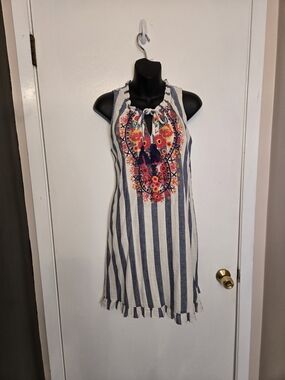 THML Navy & White Striped Sleeveless Dress with Floral Embroidery